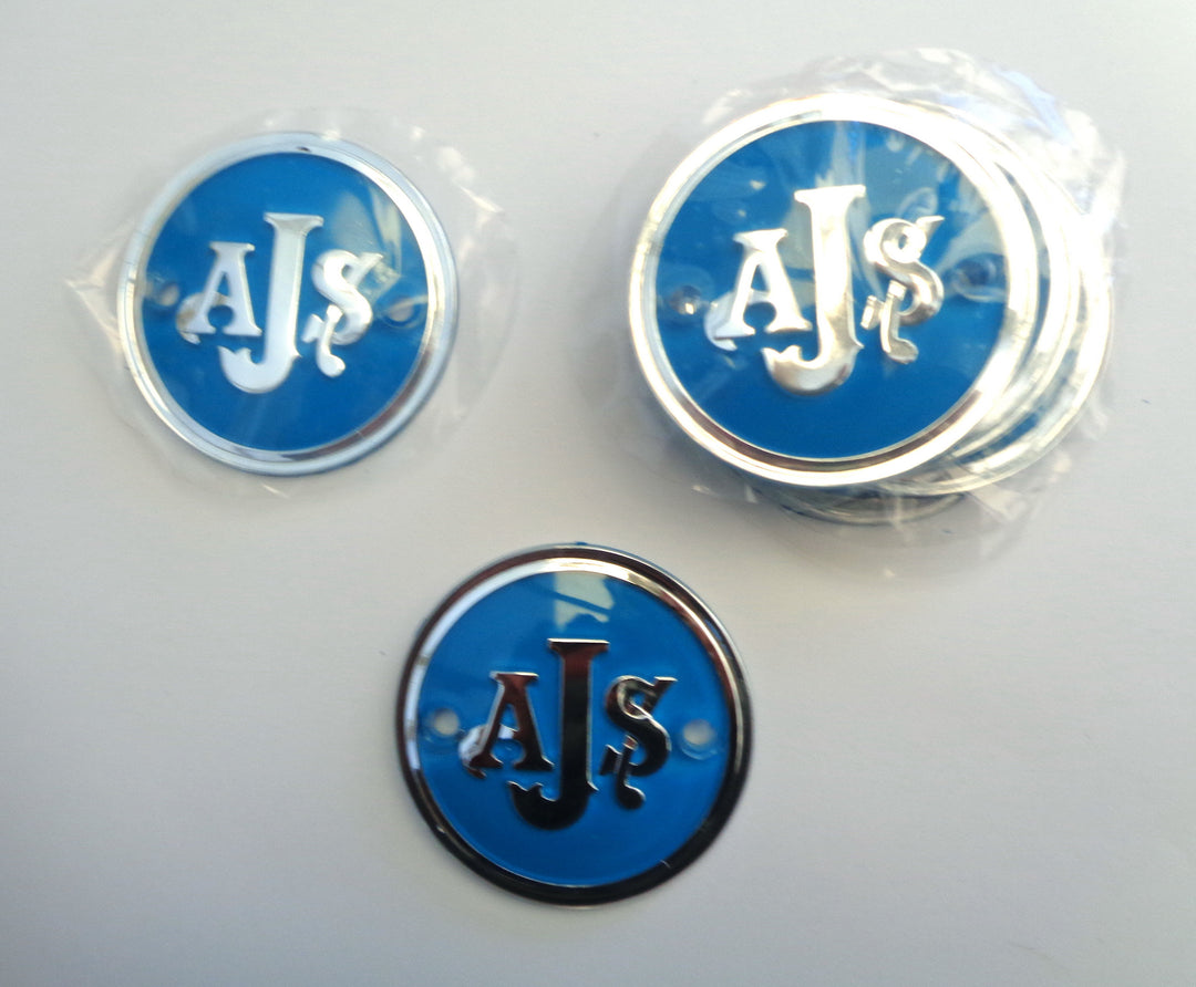 AJS BADGES PAIR "BRAND NEW" STUNNING FINISH OR NEW PRODUCT RELEASE