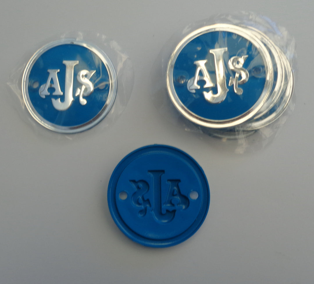AJS BADGES PAIR "BRAND NEW" STUNNING FINISH OR NEW PRODUCT RELEASE